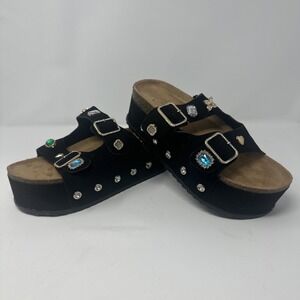 Bedazzled Gems Platform Black Slide Sandals By ROUGE Size 8